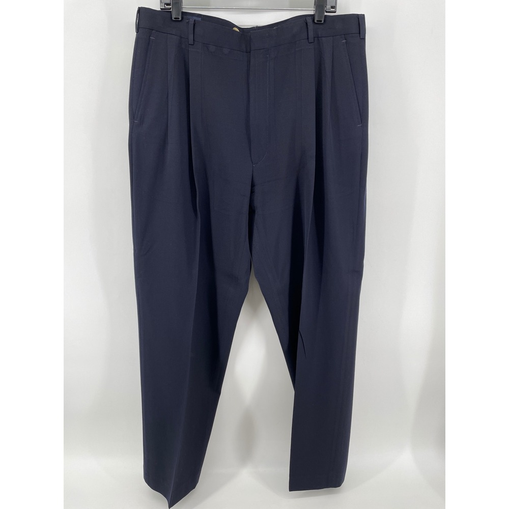 Lands End Dress Pants Mens 38 (37X32) Navy Blue Wool Double Pleated Old Money
